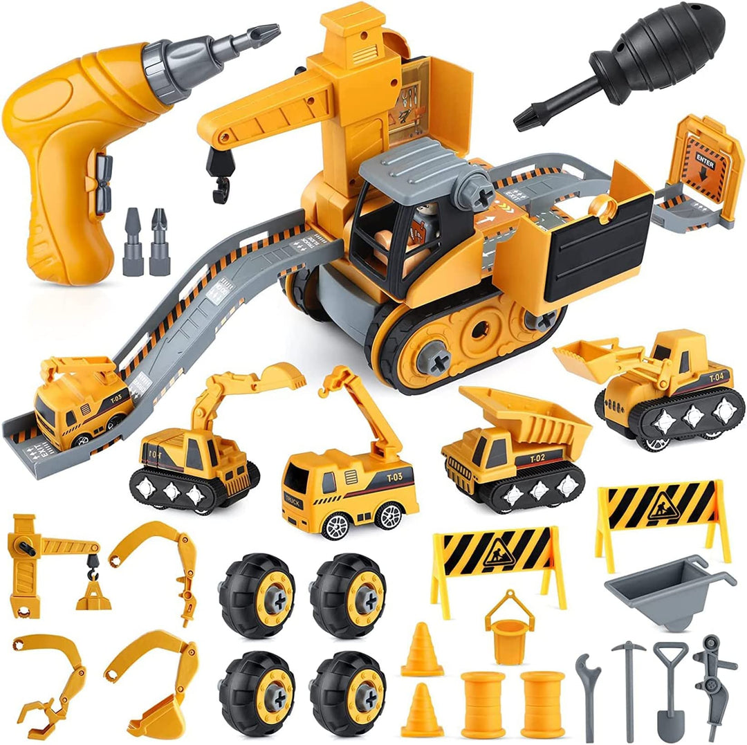 4 in 1 DIY Auseinander Nehmen Auto Toys, Baufahrzeuge Set Gebäude Bagger Kran LKW Spielzeug Interakt