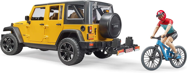 bruder 02543 - Jeep Wrangler Rubicon Unlimited mit Mountainbike & Radfahrer- 1:16 Geländewagen Fahrr
