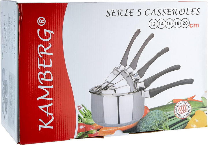 Kamberg – 0008076 – Set aus 5 Stieltöpfen 12/14/16/18/20 cm – Hochwertiger Edelstahl – Hitzeschutzgr