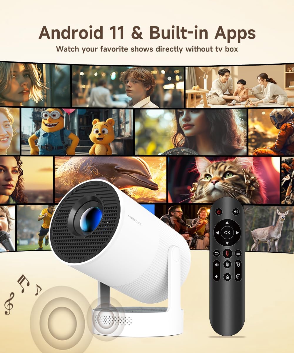 Mini Beamer 4K Unterstützt Android 11, Smart Projector Elektrisch Fokus 5G WiFi 6 BT 5.0, Mini Tragb
