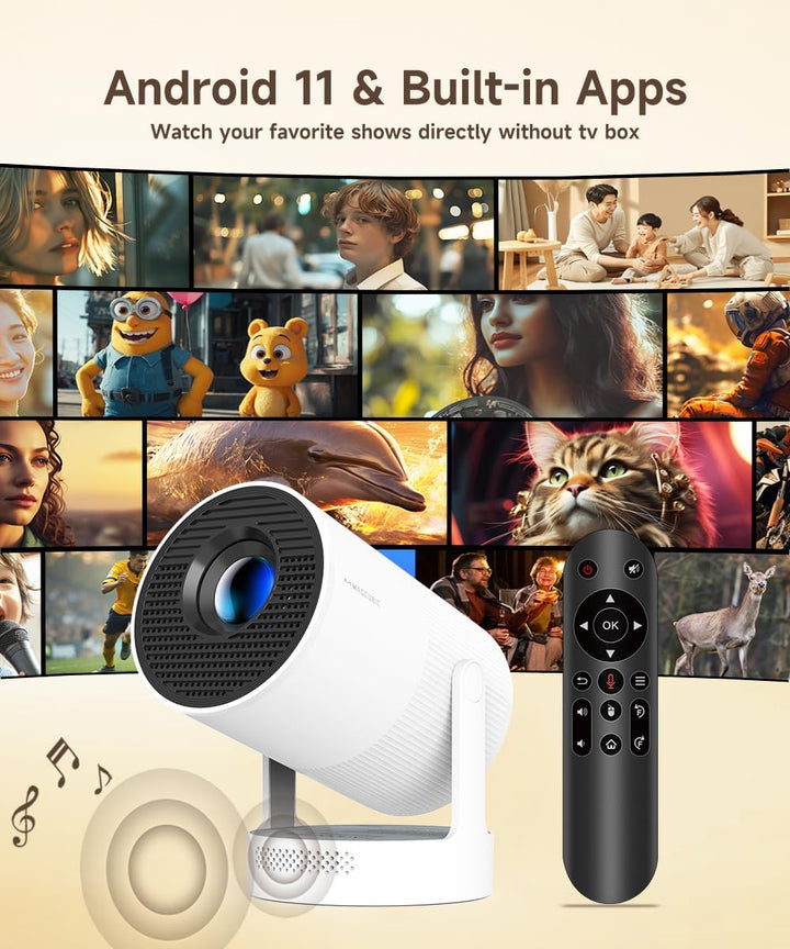 Mini Beamer 4K Unterstützt Android 11, Smart Projector Elektrisch Fokus 5G WiFi 6 BT 5.0, Mini Tragb