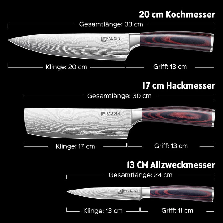 PAUDIN Küchenmesser Set, 3-tlg Messerset aus hochwertigem Carbon Edelstahl, Ultra Scharfes Messer se