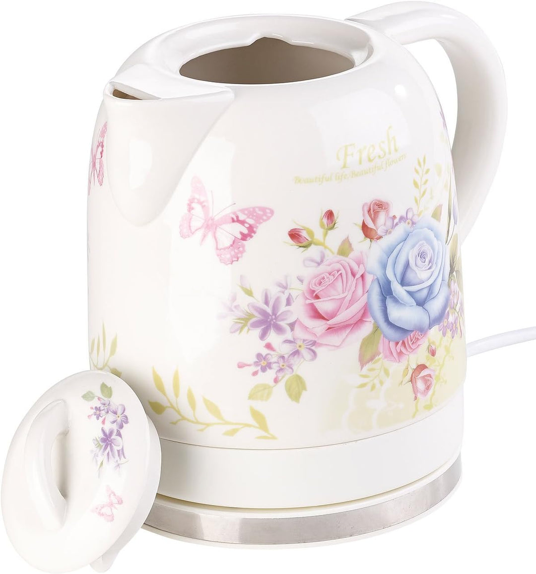 Rosenstein & Söhne Wasserkocher Blumen: Keramik-Wasserkocher mit Blumenmuster, 1,7 Liter, 1.500 Watt