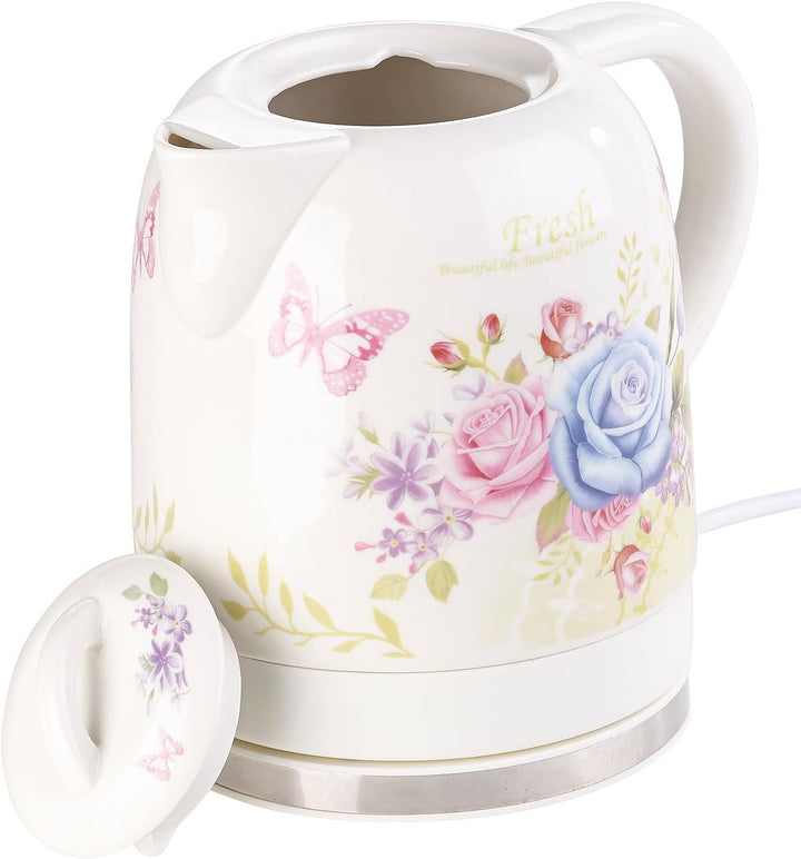 Rosenstein & Söhne Wasserkocher Blumen: Keramik-Wasserkocher mit Blumenmuster, 1,7 Liter, 1.500 Watt