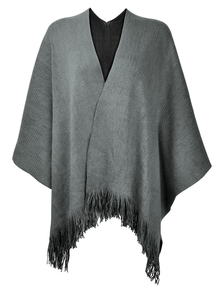 ZLYC Damen Herbst Winter Kaschmir Poncho Capes Retro Strick Cardigans mit Fransen Einheitsgrösse Gra