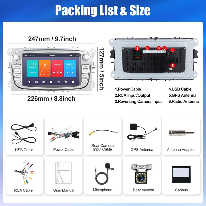 CAMECHO [1+32G] Android 13 Autoradio für Ford Focus mk2 Mondeo Cmax Galaxy Smax Kuga mit Navi, 7 Zol