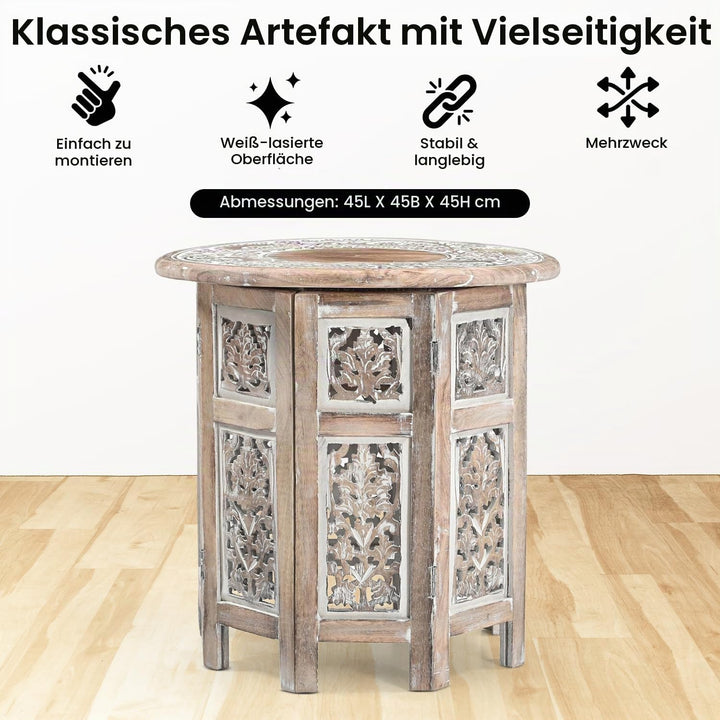 iAnanas Kleiner rustikaler Couchtisch – Handgefertigter Beistelltisch aus Mangoholz mit weiss getünc