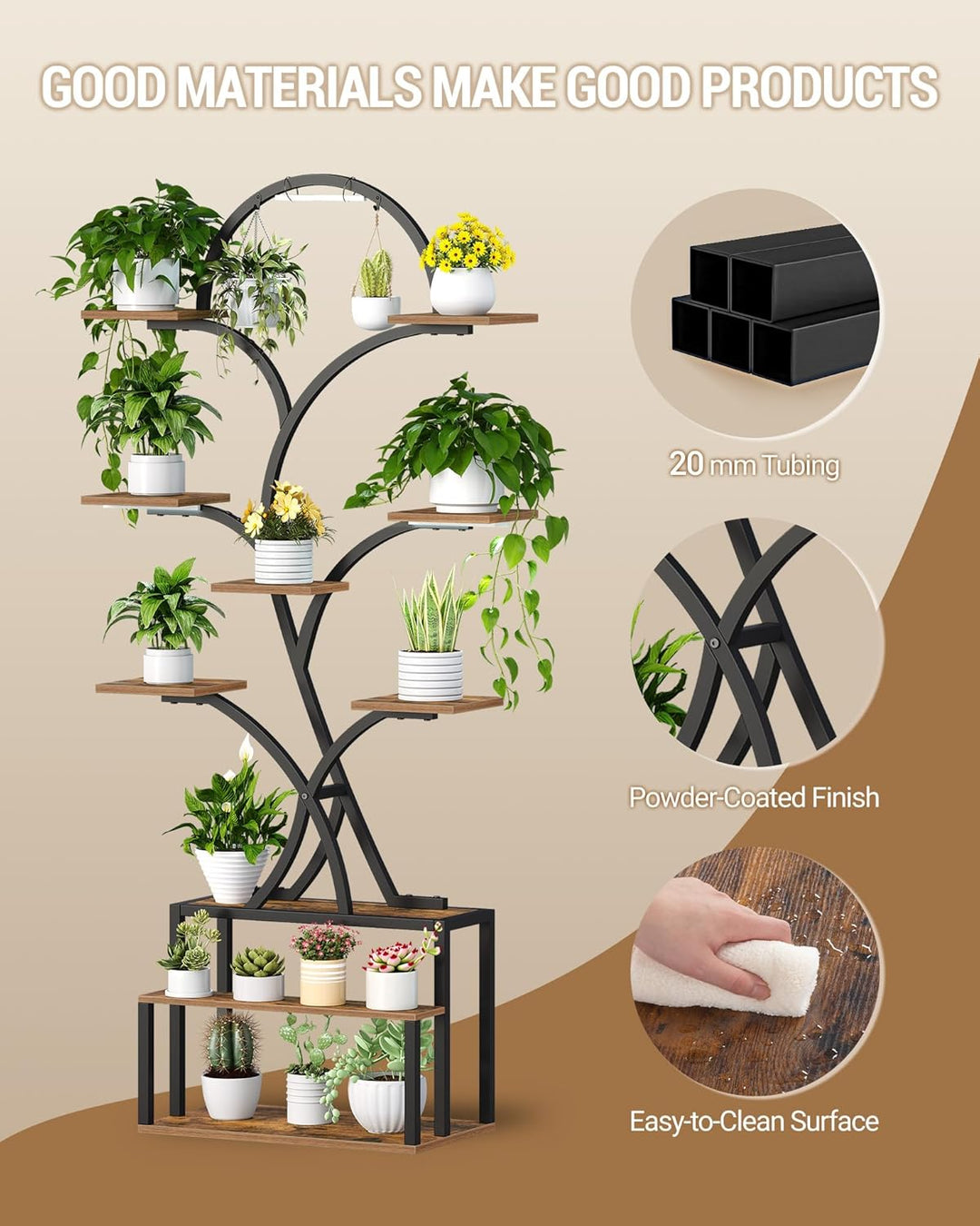Hzuaneri Pflanzenständer mit Wachstumslicht, Metall-Holz-Pflanzenregal mit 10 Etagen und 3 LEDs, Gee