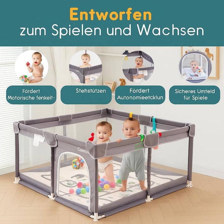 Laufstall für Babys mit Matratze, Bällebad (inkl. 50 Bällen) und 4 Haltegriffen. Laufgitter 124x124c