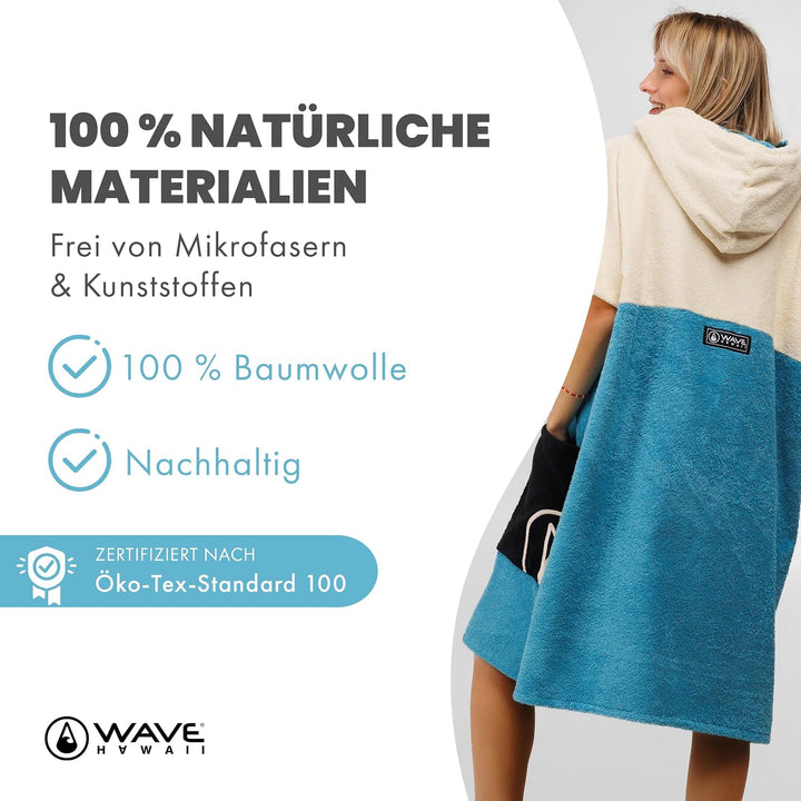 WAVE HAWAII Poncho Porto Badeponcho 100% Baumwolle für Körpergrössen von 160 -190 cm Umkleidehilfe f