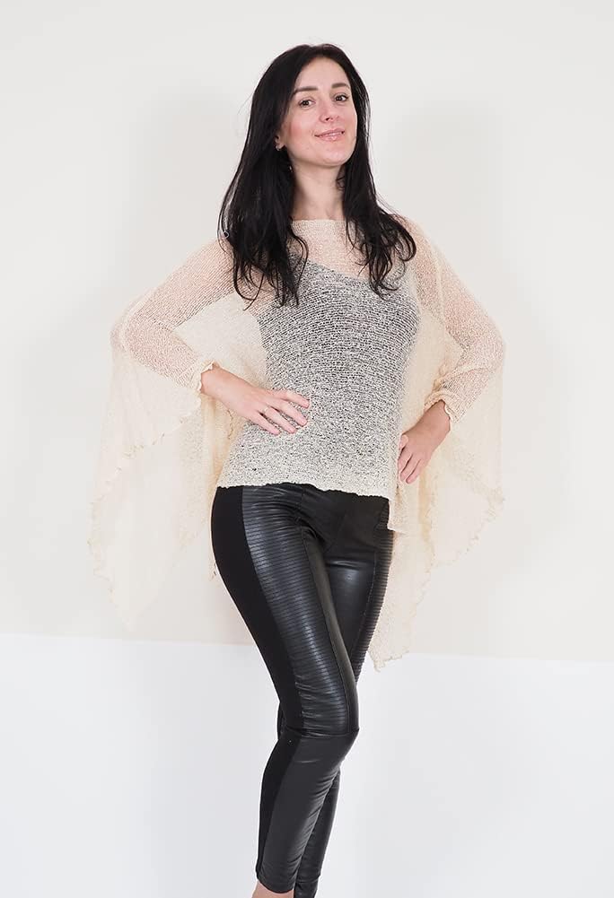 Damen Häkelspitze strecken Fisch-Netz Batwing Poncho Einheitsgrösse Grosse Grössen Cream, Einheitsgr