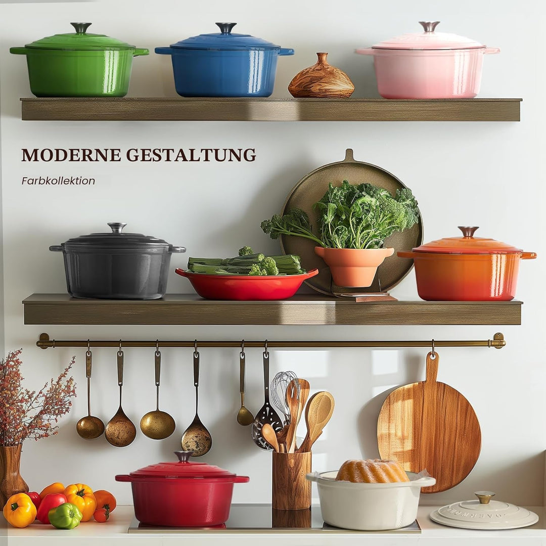 Overmont Bräter emaille Gusseisen Topf - Schmortopf 24cm backofengeeignet - mit Deckel und Kochbuch