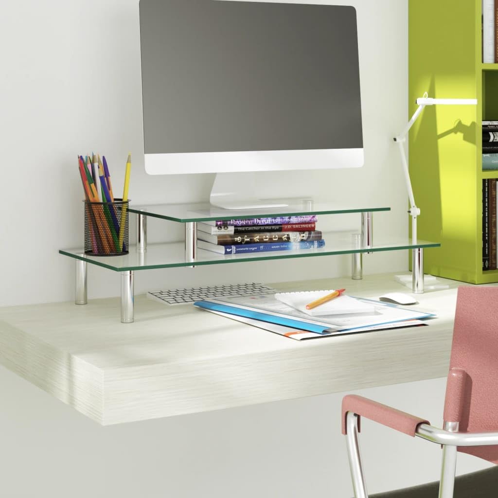 Monitorständer 2-stufig transparentes Glas mit Edelstahl, höhenverstellbar und neigbar, ideal für Bü