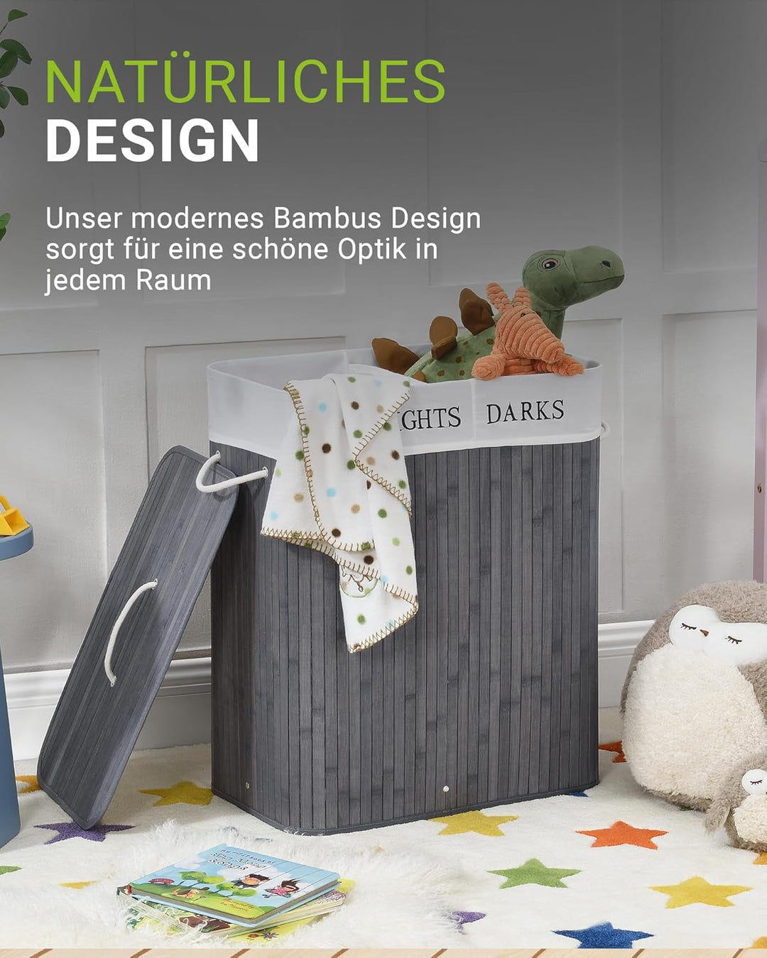 Juskys Bambus Wäschekorb Curly Grau 100L - Hygienischer Wäschekorb mit Deckel, Tragegriff & Wäschesa