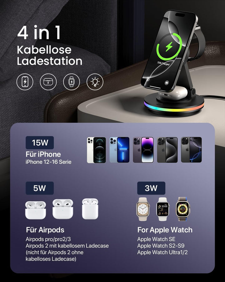 Mag-Safe Ladegerät,3 in 1 Faltbar Ladestation für Apple Watch und iPhone & Airpods,Wireless Charger