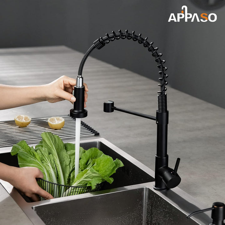 APPASO Wasserhahn Küche Schwarz, Hochdruck Küchenarmatur Schwarz mit Brause, Mischbatterie Küche mit