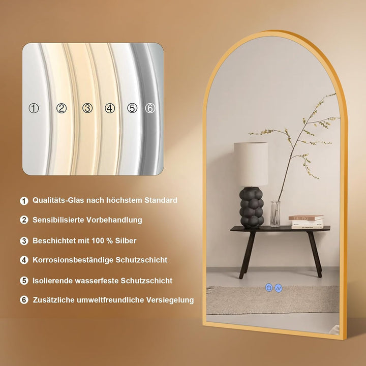 Gold Badspiegel Led Beleuchtung Arch 60x100/100x60cm, Wandspiegel mit Antibeschlag und mit Touch Sch