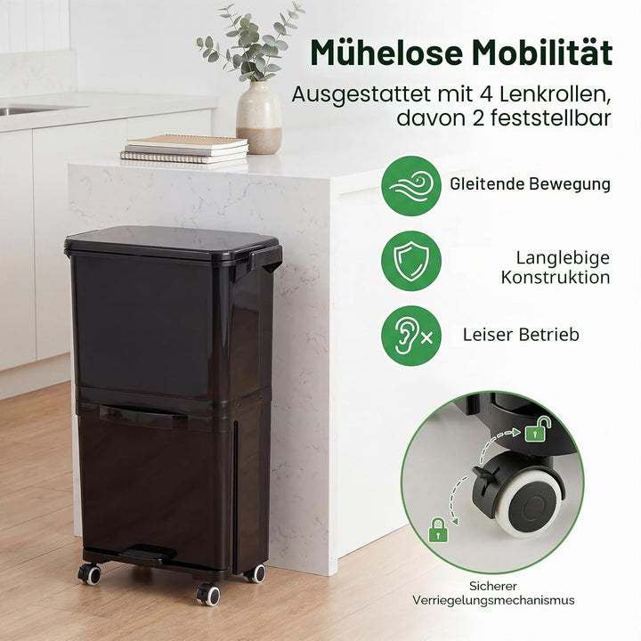 LIFEZEAL 36L Abfalleimer Küche, Mülleimer auf Rädern mit 2 Ebenen, Abfallbehälter mit Pedal & neigba