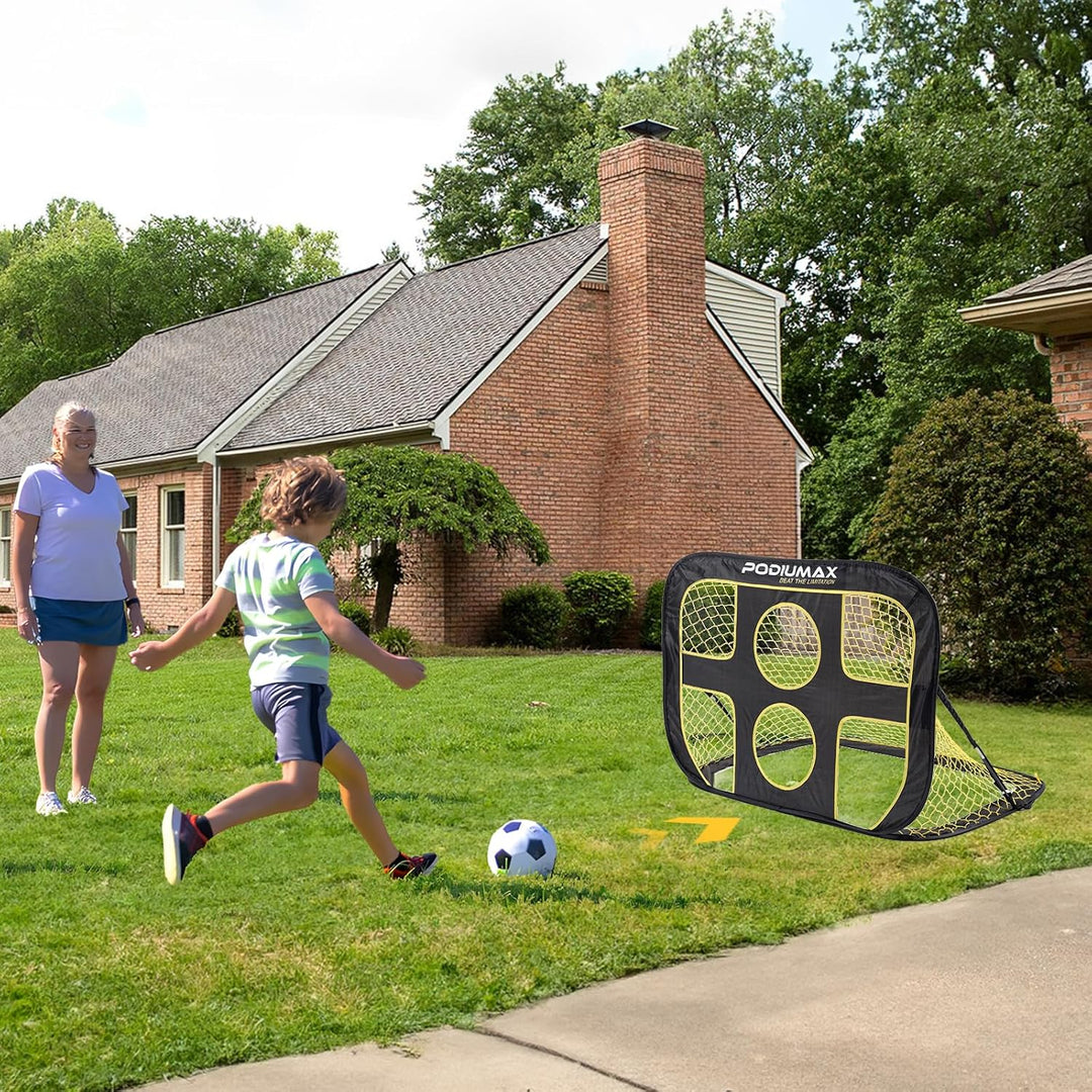 PodiuMax klappbares 2 in 1 Pop-Up Fussballtor für Kinder im Garten | Torwandtrainer für Indoor/Outdo