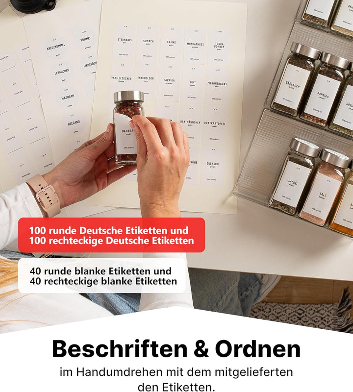 Deco haus® Gewürzregal mit Gläsern [MIT 24 GEWÜRZGLÄSER & ETIKETTEN] - Gewürzregal Schublade auszieh