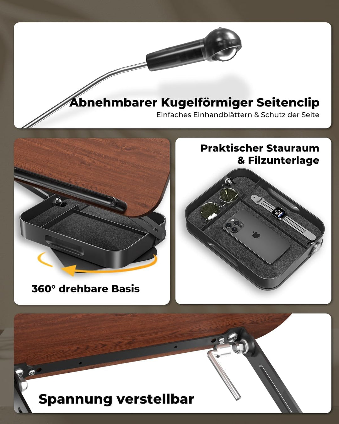 SupeDesk Buchständer Holz mit praktischem Stauraum, 360° drehbarer Buchhalter Leseständer, höhenvers