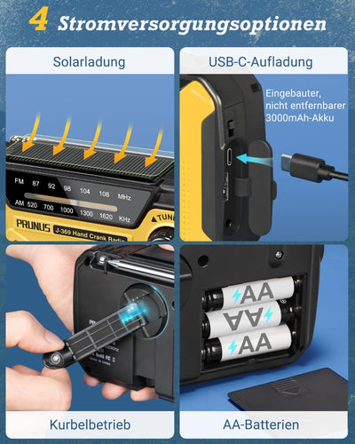 PRUNUS J-369 Solar Radio Kurbel Notfall, FM/AM Radio Batteriebetrieben Notfall, Notfallradio Dynamo