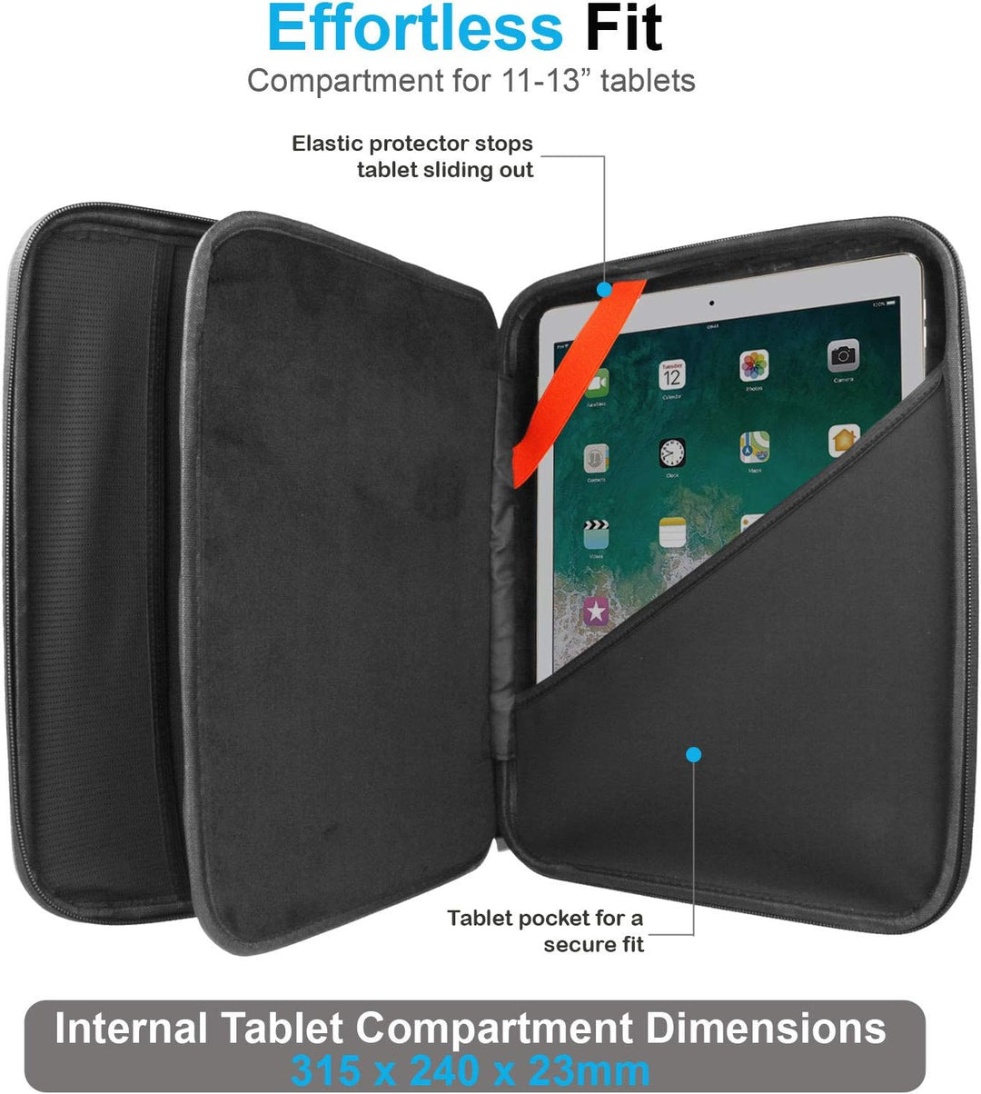 TECHGEAR Portfolio Organizer Tasche, Hartschale mit Riemen USB Kabel iPad Stift Halter und Griff Sch