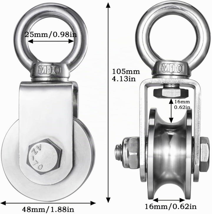 Umlenkrolle Edelstahl für Stahlseil, Seilrolle mit 2 Kugellager für 10mm seile, Tragkraft 500kg Outd
