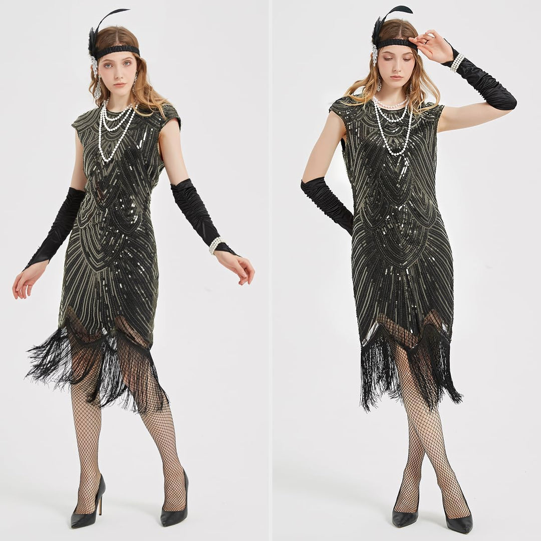 WILDPARTY 20er Jahre Kostüm Damen Charleston Kleid, Flapper Kleid mit Pailletten Perlen Fransen Netz