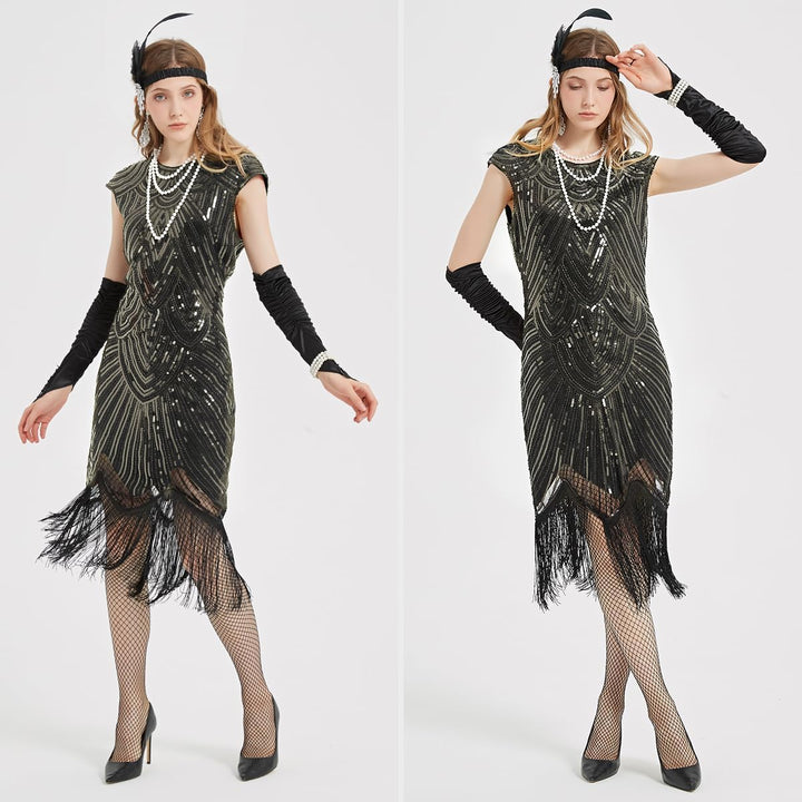WILDPARTY 20er Jahre Kostüm Damen Charleston Kleid, Flapper Kleid mit Pailletten Perlen Fransen Netz