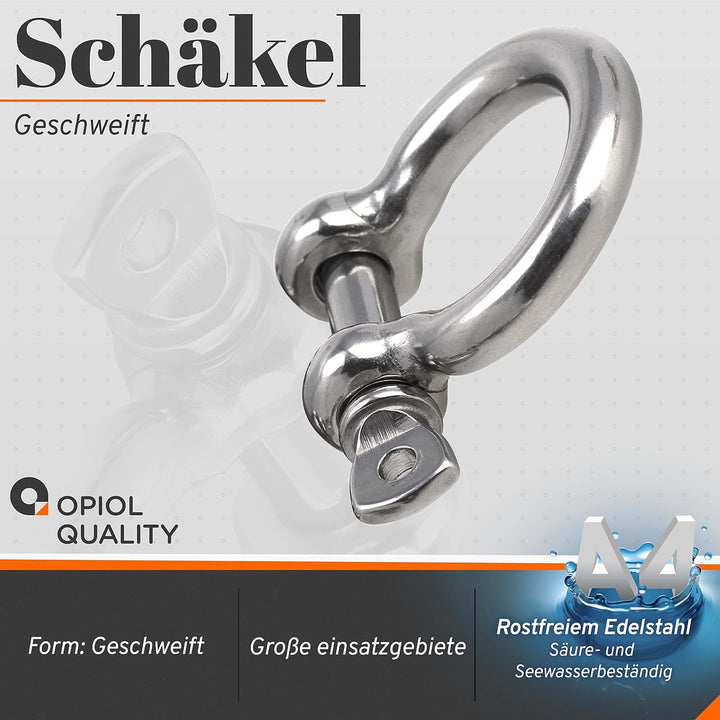 OPIOL QUALITY® Schäkel Geschweift Form Ø 16mm aus Edelstahl A4 V4A (4 Stück) Rundschäkel Verbinder D