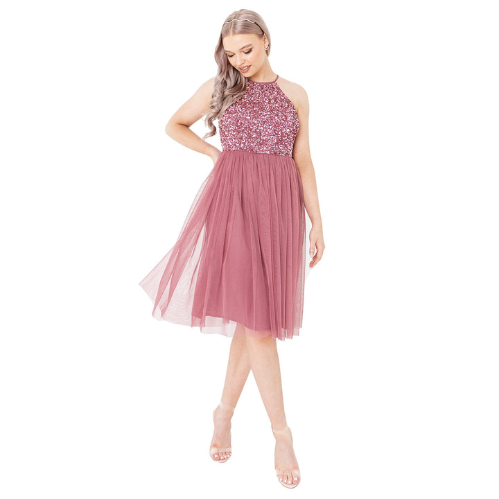 Maya Deluxe Damen Embellished Halter Neck Midi Bridesmaid Dress, Desert Rose