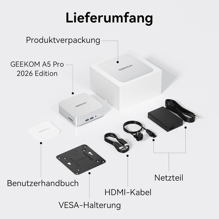 GEEKOM Mini PC A5 Pro 2026 Edition mit AMD Ryzen 5 7530U, 1TB SSD 16GB RAM(Deckt 95% der Nutzer ab)