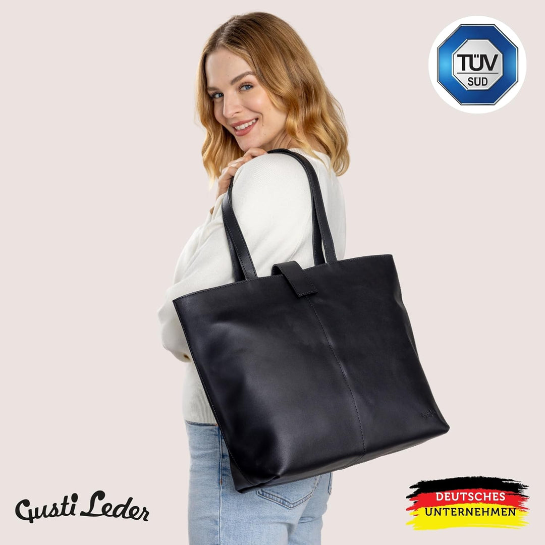 Gusti Shopper Leder - Alexandra Handtasche Damen Arbeitstasche Leder Schwarz, Schwarz