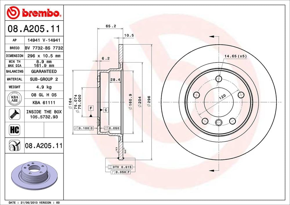 Brembo 08.A205.11 Hintere Bremsscheibe mit UV Lackierung, Anzahl 2