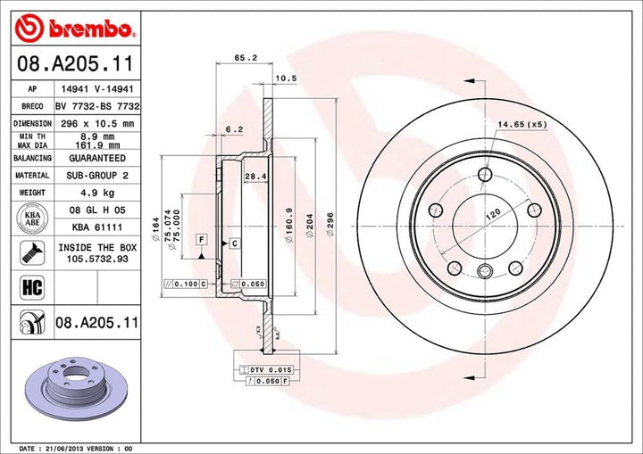 Brembo 08.A205.11 Hintere Bremsscheibe mit UV Lackierung, Anzahl 2