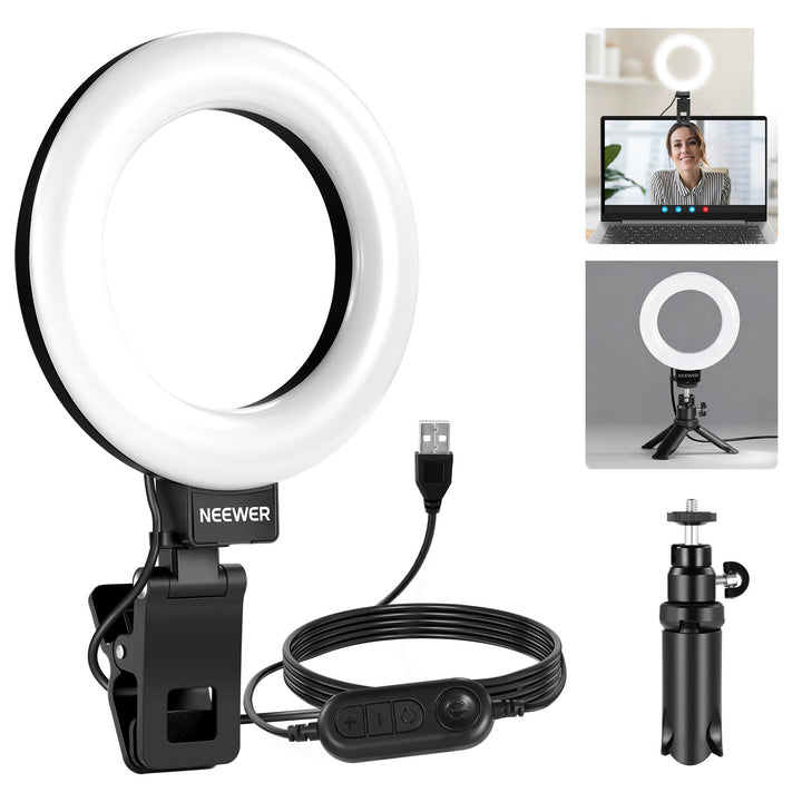 NEEWER BASICS 5" Ringlicht mit Klemme und Mini Stativ, 10W 3000k-6000K Dimmbares Ansteckleuchte für