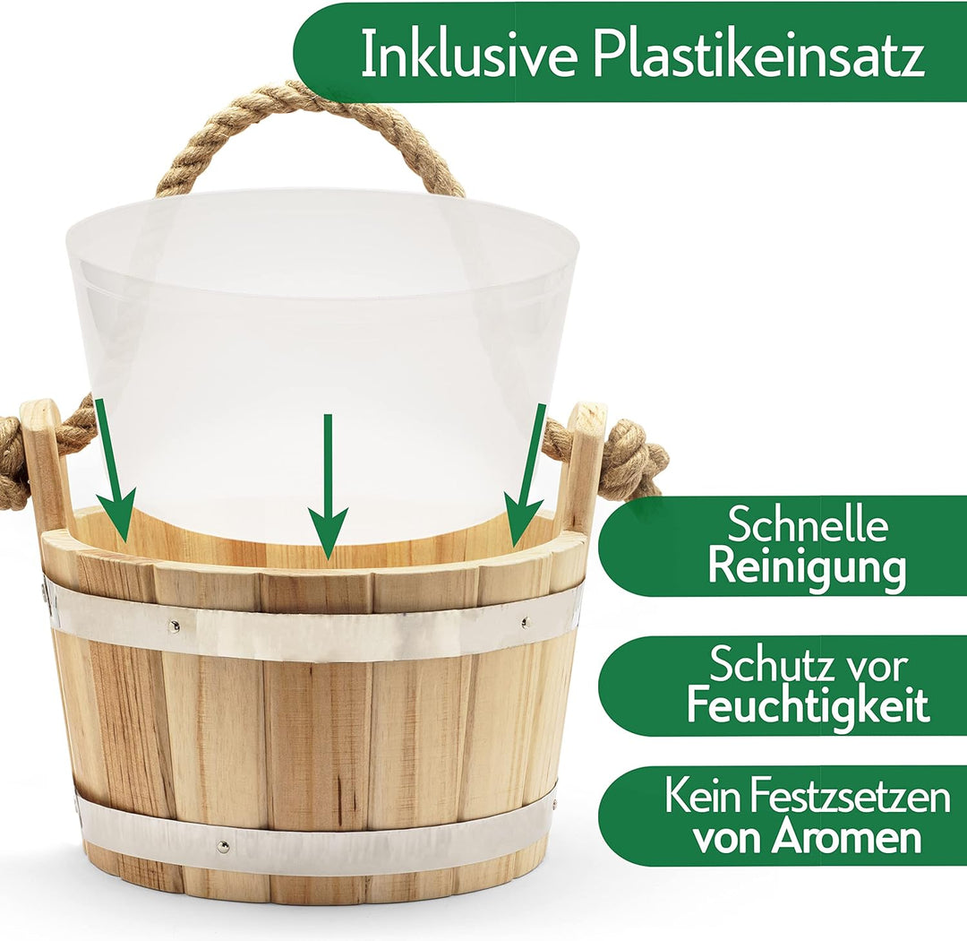 CozyNature® Sauna Eimer mit Kelle aus hochwertigem finnischen Kiefern-Holz | edle Metallringe - kräf