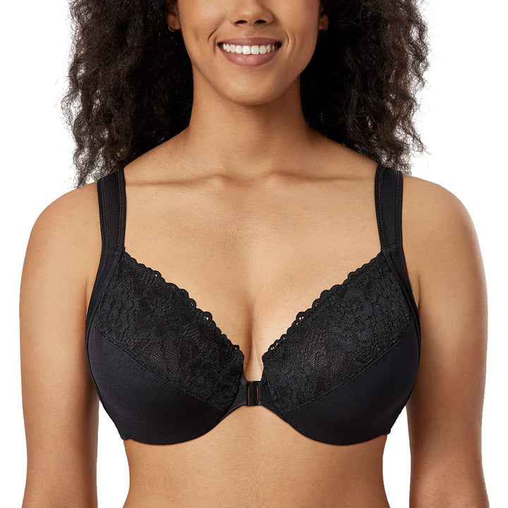 DELIMIRA Damen Vorderverschluss BH mit Bügel BHS Grosse Brüste Starker Halt Soft Spitzen U-Rücken Un
