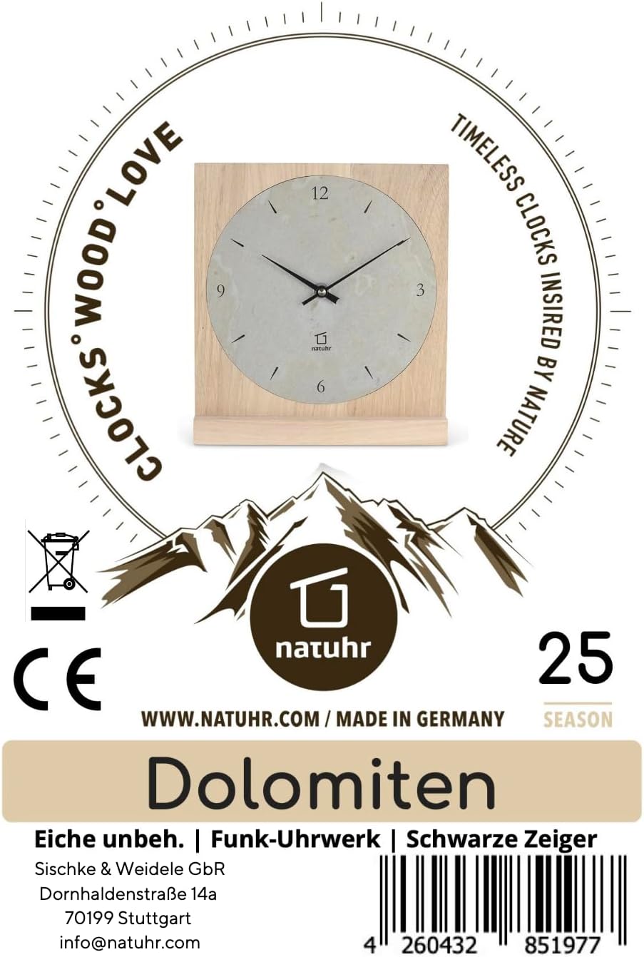 Natuhr Stein Schiefer Tischuhr - Dolomiten - Holz Eiche Massivholz (Schiefer Grau/Eiche unbehandelt,
