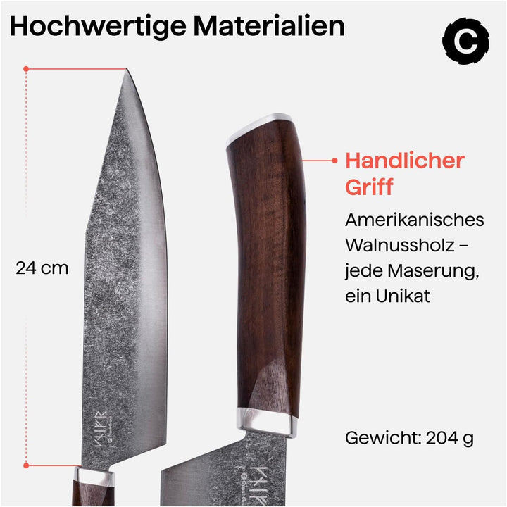 Crushgrind VIKING Ragnar Chef Messer 24 cm | Küchenmesser aus Edelstahl mit Holzgriff | Zum Schneide