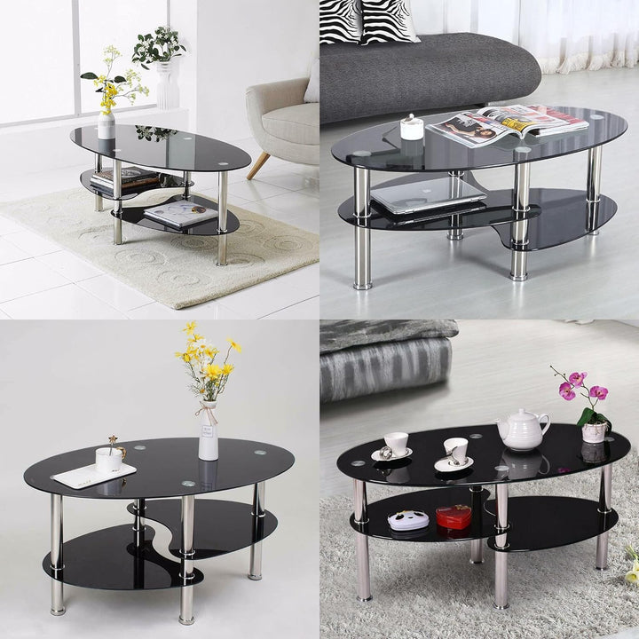 MINGYI Couchtisch aus gehärtetem Glas mit 3 Etagen, 90 × 50 × 43 cm, oval, Tisch für Wohnzimmer, Sch