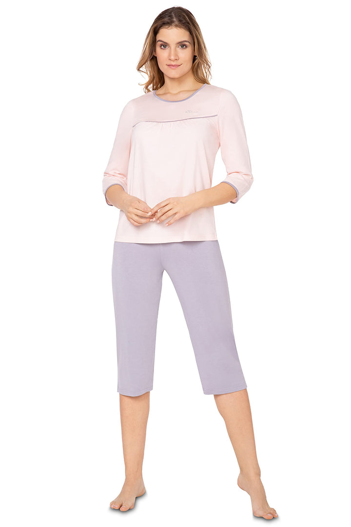 e.Femme® Damen Schlafanzug Nicole II 870 aus 50% Baumwolle und 50% Modal 36 Lachs/Grau, 42