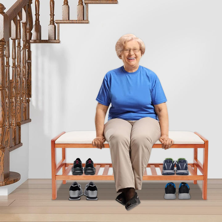 Rotbraune Schuhbank aus Gummiholz mit PU Sitzkissen freistehend | 100 mal 34 mal 42 cm Gesamtgrösse