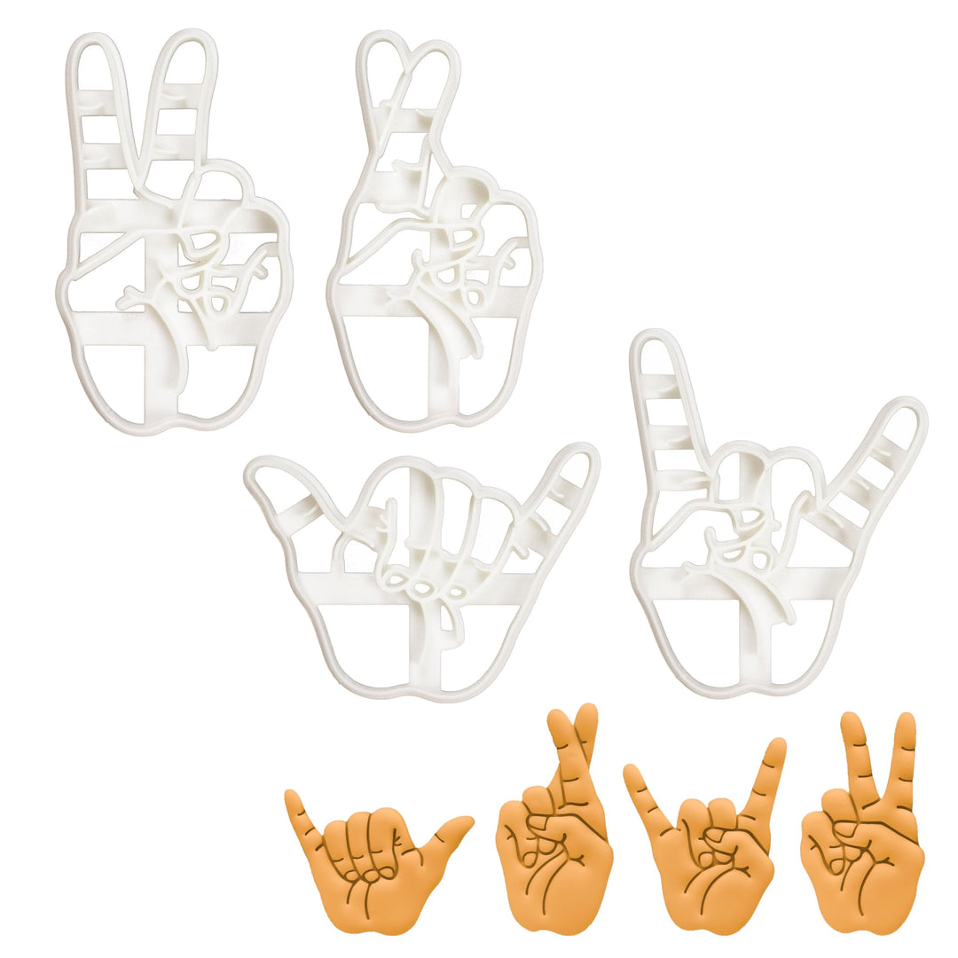 4er Set Handzeichen Ausstechformen (Formen: Victory Zeichen, Zeichen der Hörner, Gekreuzte Finger, S