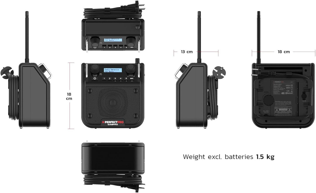 PerfectPro Baustellenradio DABPRO, DAB+ und UKW-Empfang, AUX-Eingang, MP3, Bluetooth, Netzstrom und