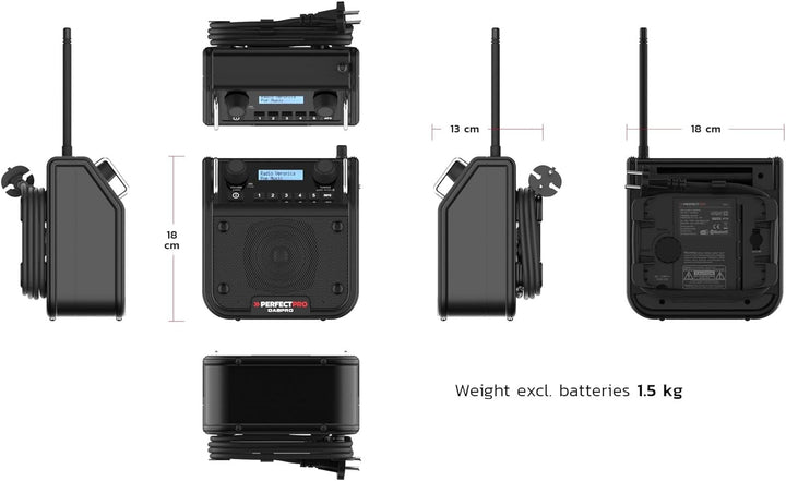 PerfectPro Baustellenradio DABPRO, DAB+ und UKW-Empfang, AUX-Eingang, MP3, Bluetooth, Netzstrom und