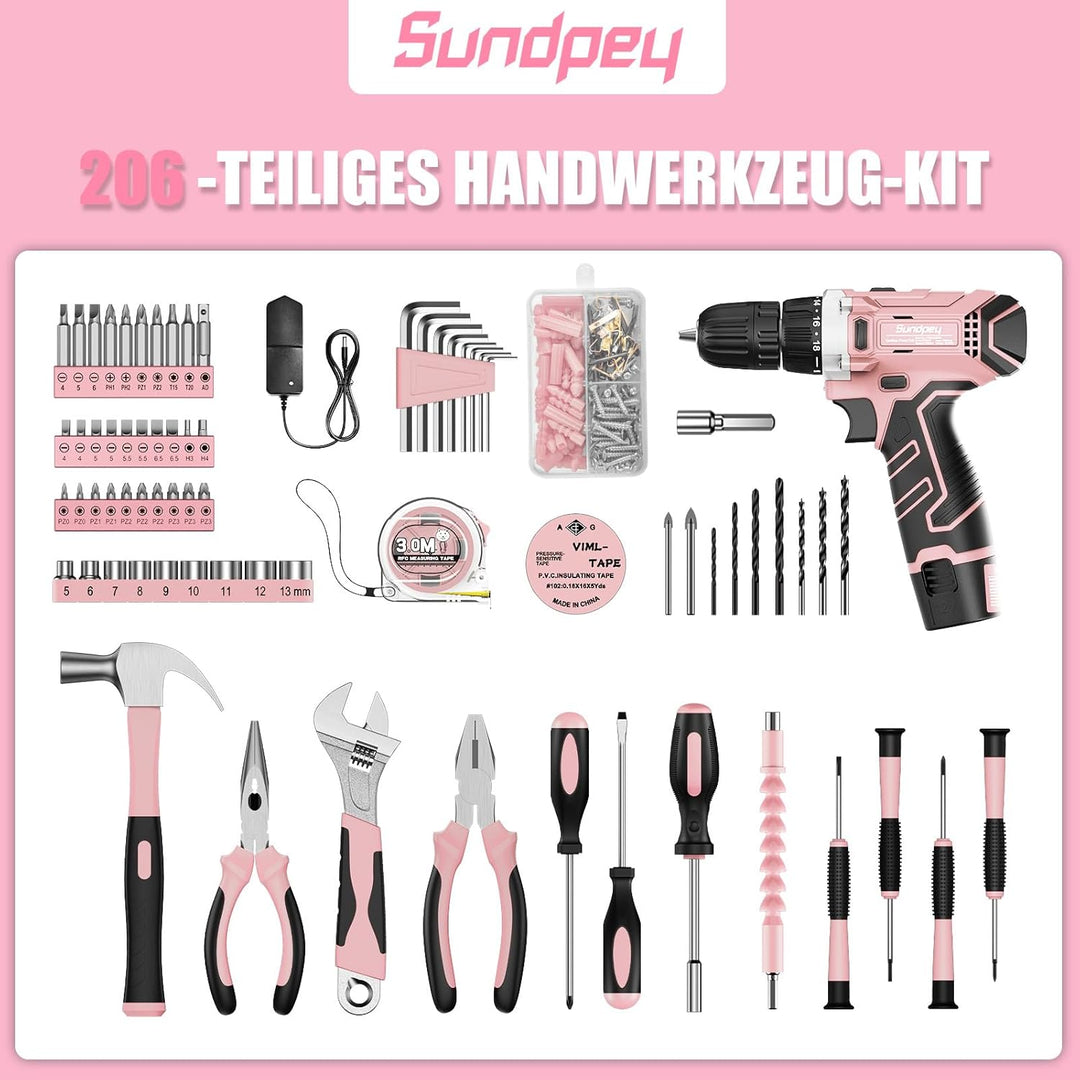 Sundpey Werkzeugkoffer Gefüllt 206tlg, 12V Akkuschrauber zum Anziehen/Lösen von Schrauben, Haushalts