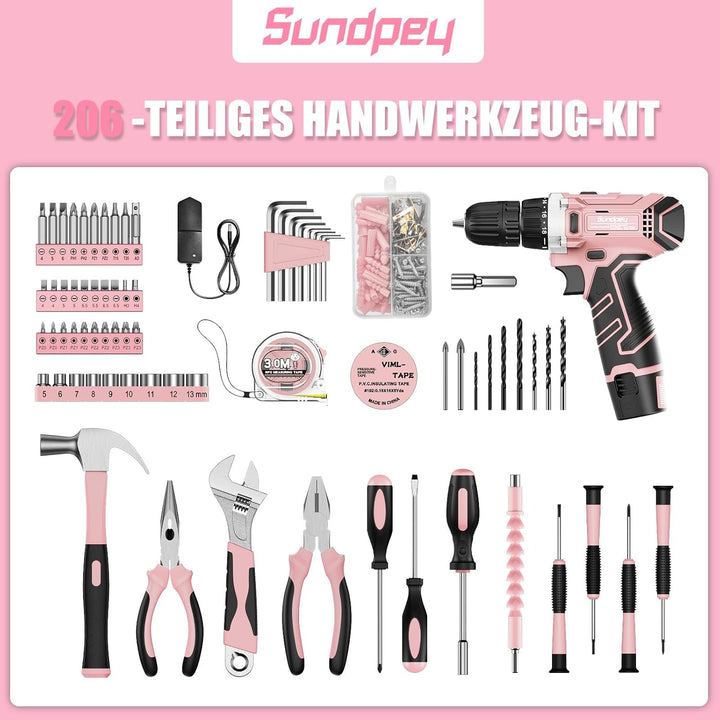 Sundpey Werkzeugkoffer Gefüllt 206tlg, 12V Akkuschrauber zum Anziehen/Lösen von Schrauben, Haushalts