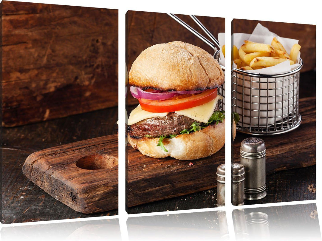 Pixxprint Cheesburger mit Pommes 3-Teiler Leinwandbild 120x80 Bild auf Leinwand, riesige Bilder fert